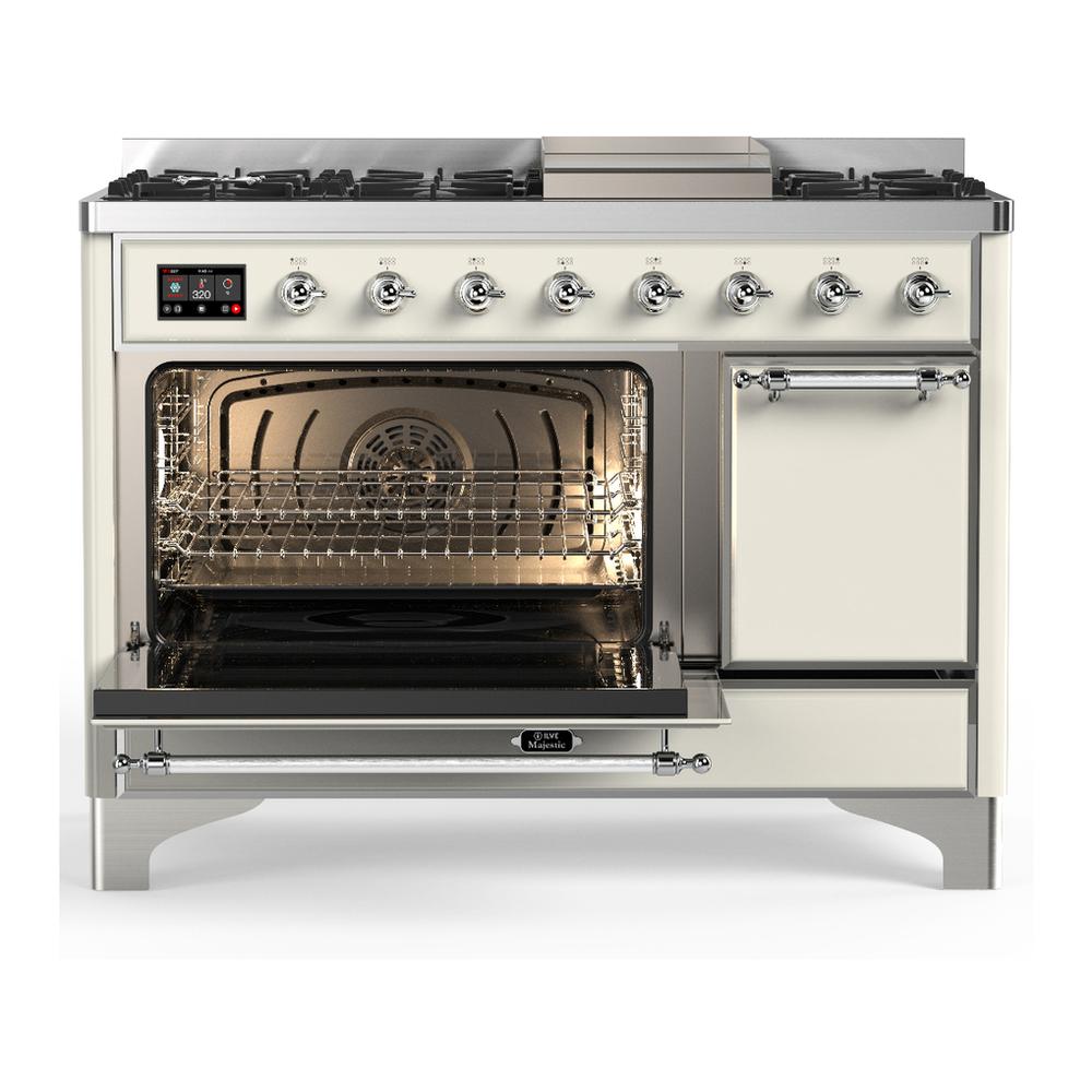 ILVE UM48FQNR3AWCLP Majestic III 48 inch Dual Fuel Range with 8 Burners and Griddle, Dual Function Burner up to 25,000 BTU (Liquid Propane, Solid Door, Antique White, Chrome)