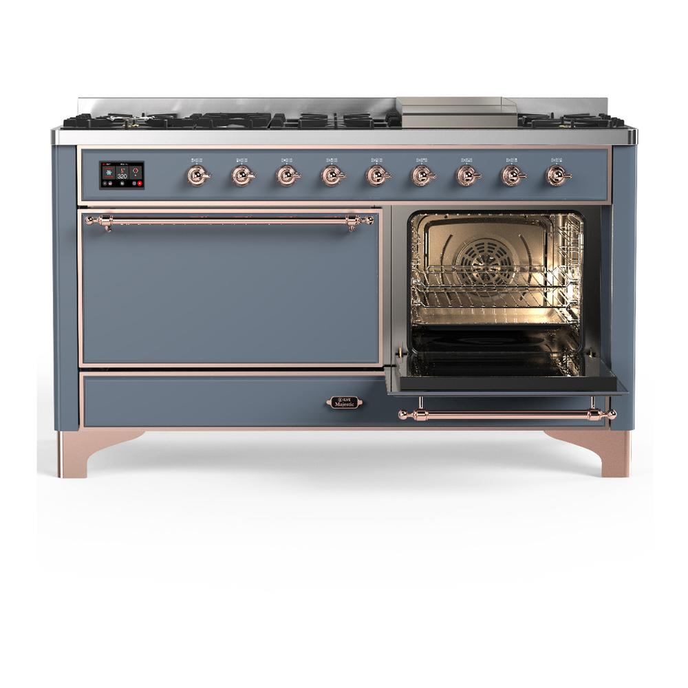ILVE UM60FQNR3BGP Majestic III 60 inch Dual Fuel Range with 9 Burners and Griddle, Dual Function Burner up to 25,000 BTU (Natural Gas, Solid Door, Blue Grey, Copper)