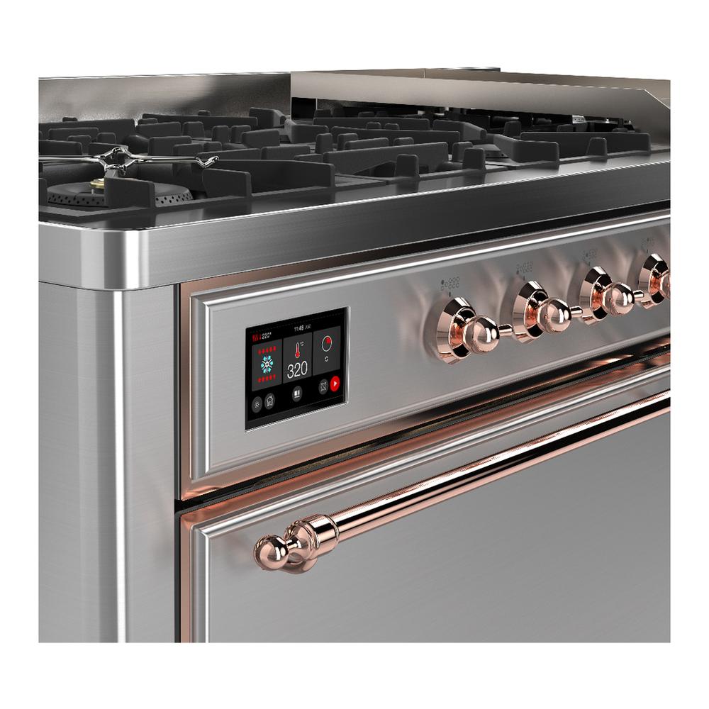 ILVE UM60FQNR3SSPLP Majestic III 60 inch Dual Fuel Range with 9 Burners and Griddle, Dual Function Burner up to 25,000 BTU (Liquid Propane, Solid Door, Stainless Steel, Copper)