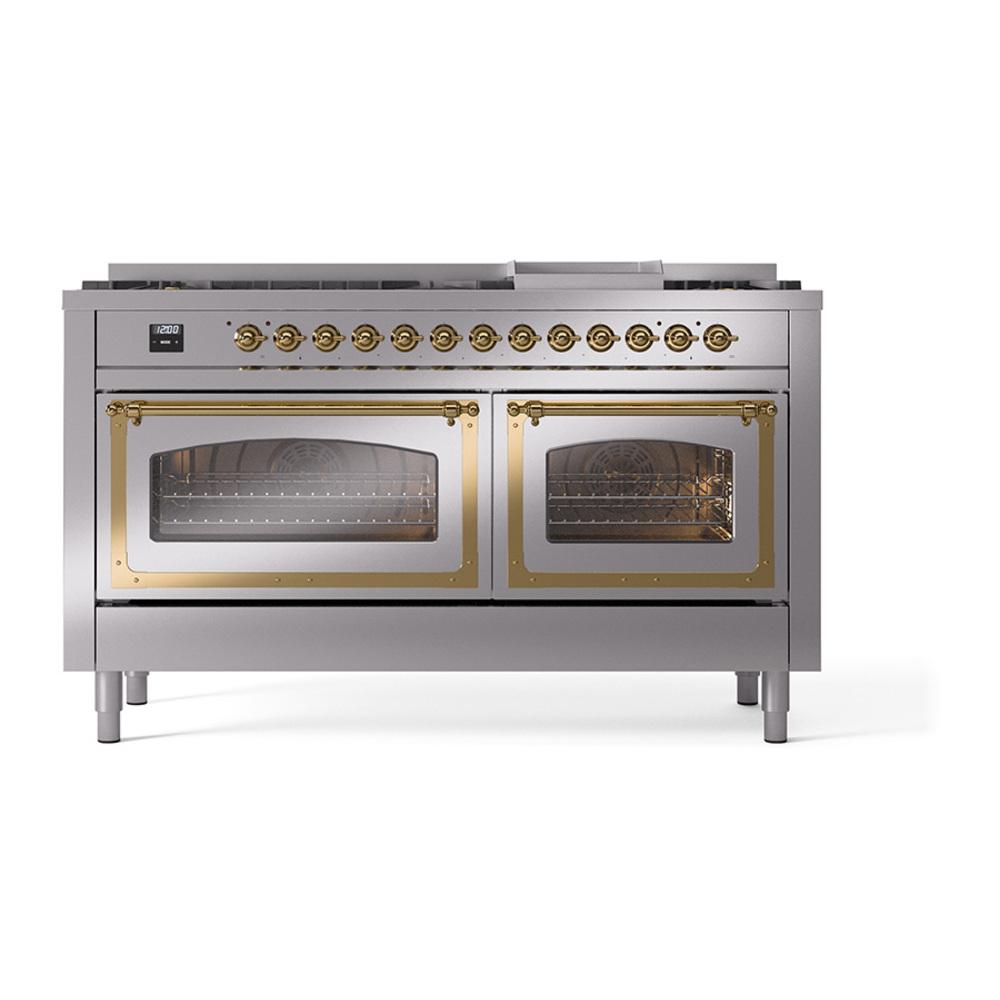 ILVE UN60FNMPSSGLP Nostalgie II Noblesse 60 inch Dual Fuel Range (9 Sealed Burners + Griddle, Liquid Propane, Triple Glass Door, Stainless Steel, Brass)