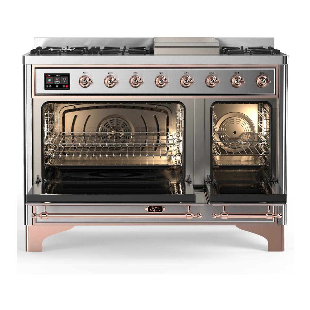 ILVE UM48FNR3SSPLP Majestic III 48 inch Dual Fuel Range with 8 Burners and Griddle, Dual Function Burner up to 25,000 BTU (Liquid Propane, Triple Glass Door, Stainless Steel, Copper)