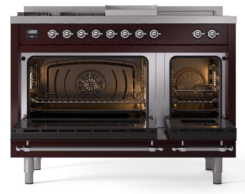 Nostalgie II 48 Inch Dual Fuel Liquid Propane Freestanding Range in Burgundy with Chrome Trim