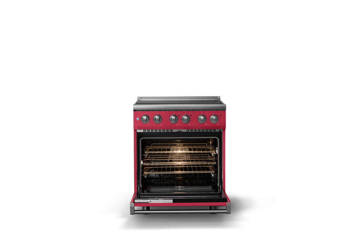 30"W. Electric Range (Finish: Valentine, Trim: Polished Chrome)