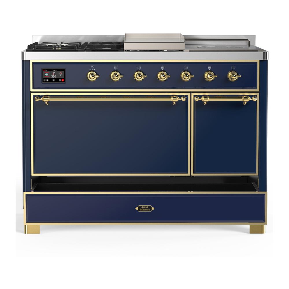ILVE UM48FSQNR3MBGLP Majestic III 48 inch Dual Fuel Range with 5 Black Brass Burners, Griddle and French Top, Dual Function Burner up to 25,000 BTU (Liquid Propane, Solid Door, Midnight Blue, Brass)