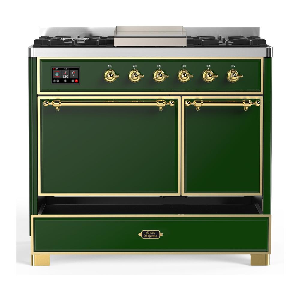 ILVE UMD40FQNR3EGGLP Majestic III 40 inch Dual Fuel Range with 6 Burners and Griddle, Dual Function Burner up to 25,000 BTU (Liquid Propane, Solid Door, Emerald Green, Brass)
