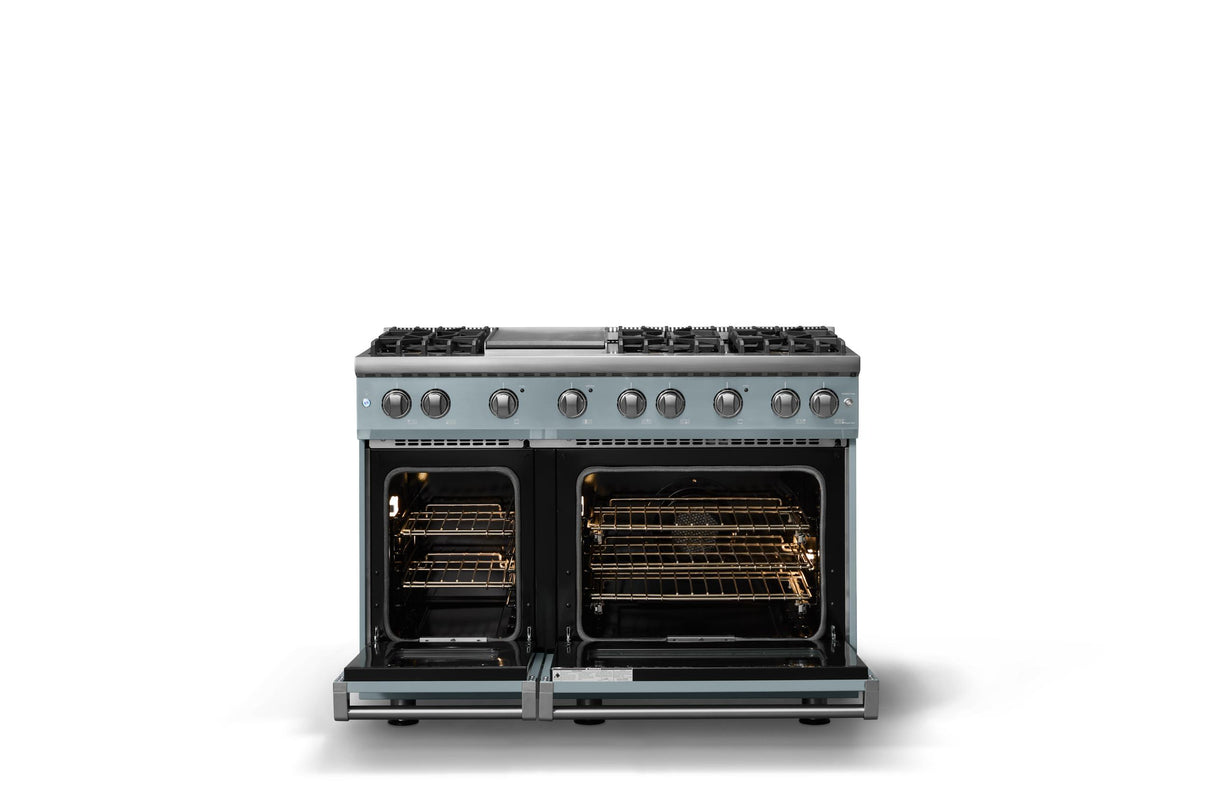 48"W. Sealed Burner Gas Range (Burner: 6g, Finish: November Sky, Trim: Polished Chrome, Fuel: Natural Gas)
