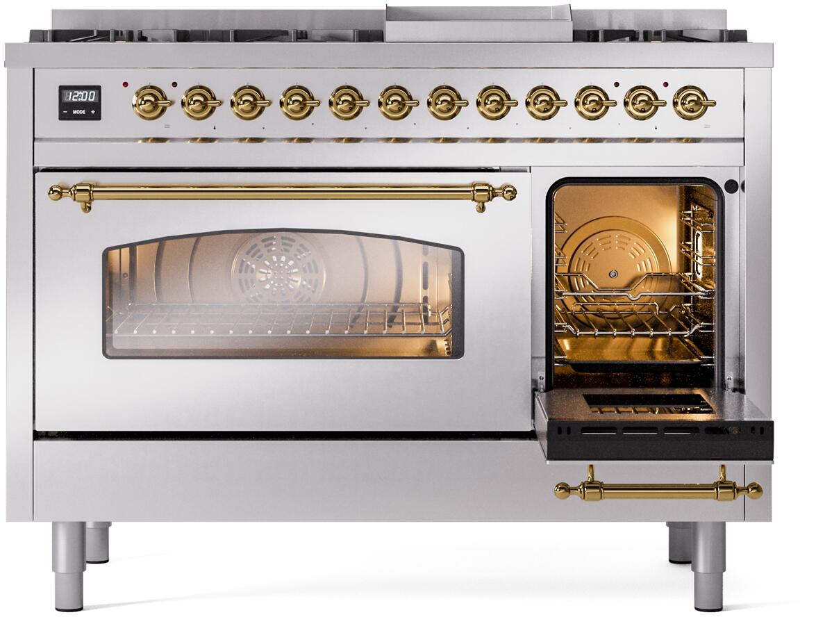 Nostalgie II 48 Inch Dual Fuel Liquid Propane Freestanding Range in Stainless Steel with Brass Trim