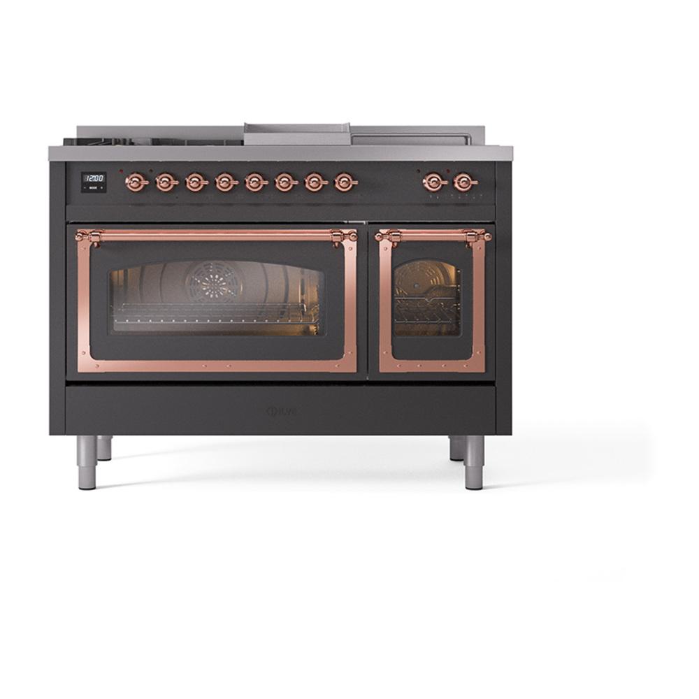 ILVE UN48FSNMPMGPLP Nostalgie II Noblesse 48 inch Dual Fuel Range (5 Sealed Burners + Griddle + French Top, Liquid Propane, Triple Glass Door, Graphite Matte, Copper)