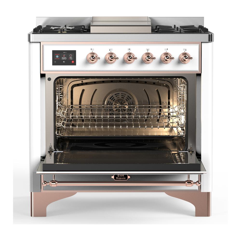 ILVE UM36FNR3WHPLP Majestic III 36 inch Dual Fuel Range with 6 Black Brass Burners and Griddle, Dual Function Burner up to 25,000 BTU (Triple Glass Door, White, Copper, Liquid Propane)