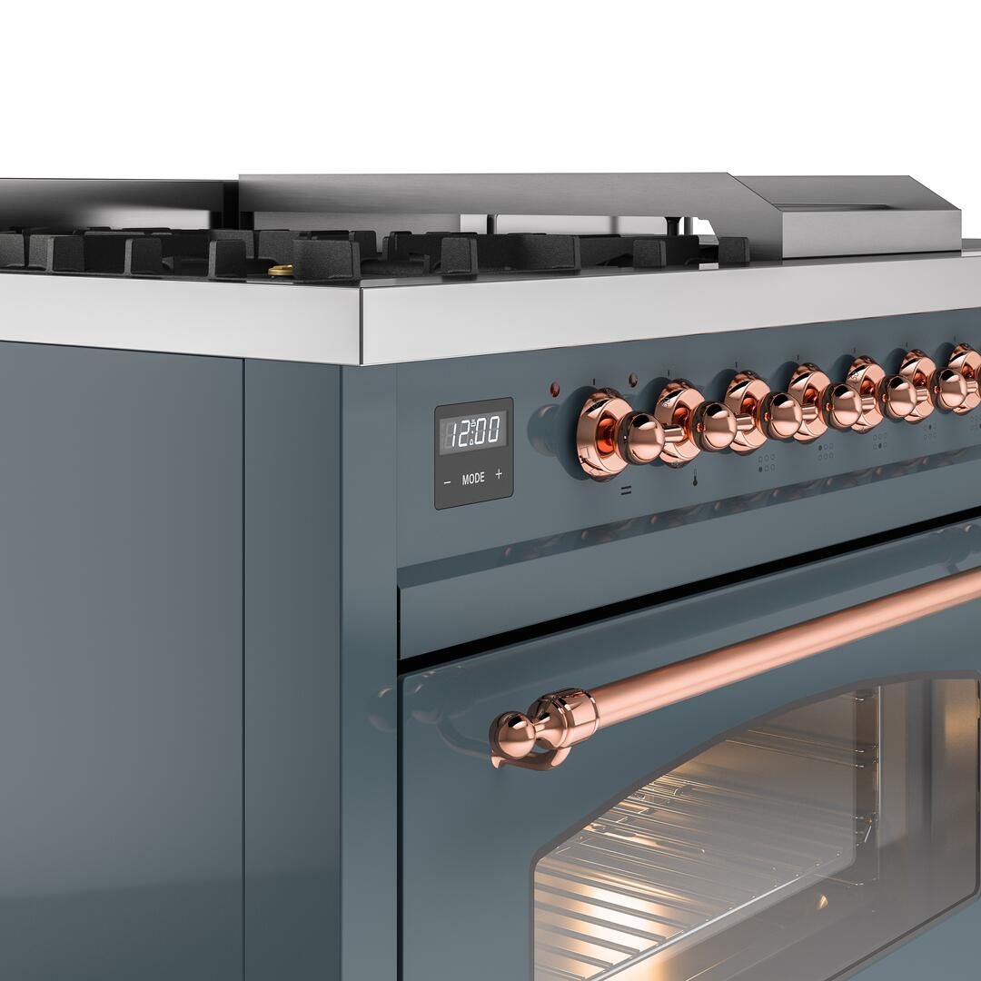 Nostalgie II 48 Inch Dual Fuel Natural Gas Freestanding Range in Blue Grey with Copper Trim