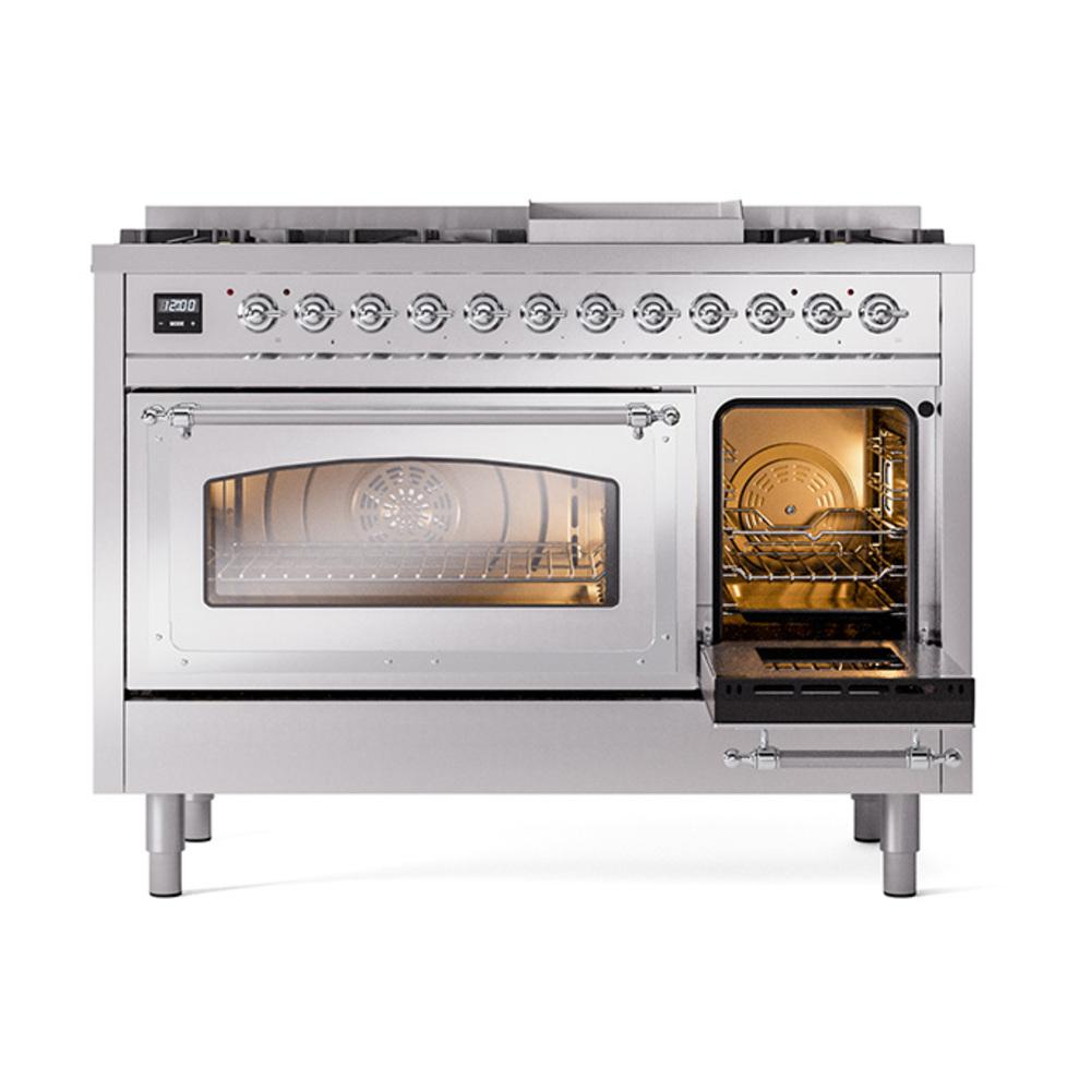 ILVE UN48FNMPSSCLP Nostalgie II Noblesse 48 inch Dual Fuel Range (8 Sealed Burners + Griddle, Liquid Propane, Triple Glass Door, Stainless Steel, Chrome)