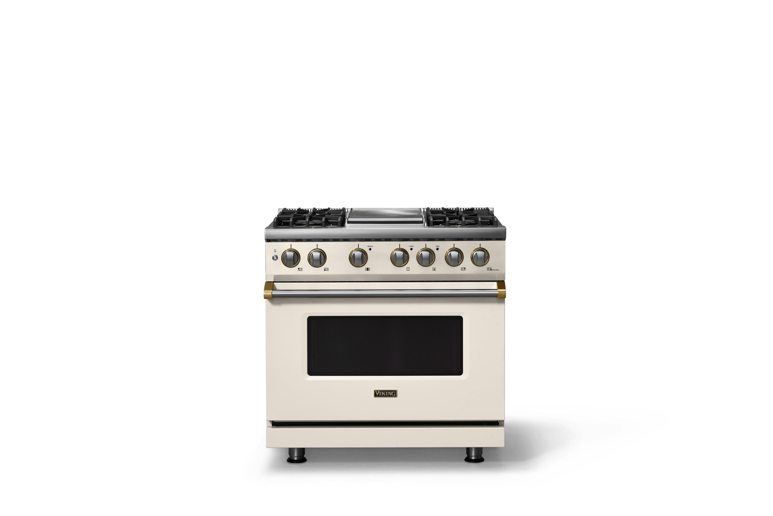 36"W. Dual Fuel Range (Burner: 4g, Finish: Pure White, Trim: Brushed Brass, Fuel: Natural Gas)