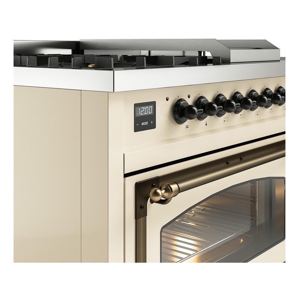ILVE UN48FSNMPAWBLP Nostalgie II Noblesse 48 inch Dual Fuel Range (5 Sealed Burners + Griddle + French Top, Liquid Propane, Triple Glass Door, Antique White, Burnished)