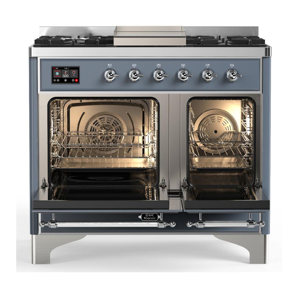 ILVE UMD40FQNR3BGCLP Majestic III 40 inch Dual Fuel Range with 6 Burners and Griddle, Dual Function Burner up to 25,000 BTU (Liquid Propane, Solid Door, Blue Grey, Chrome)