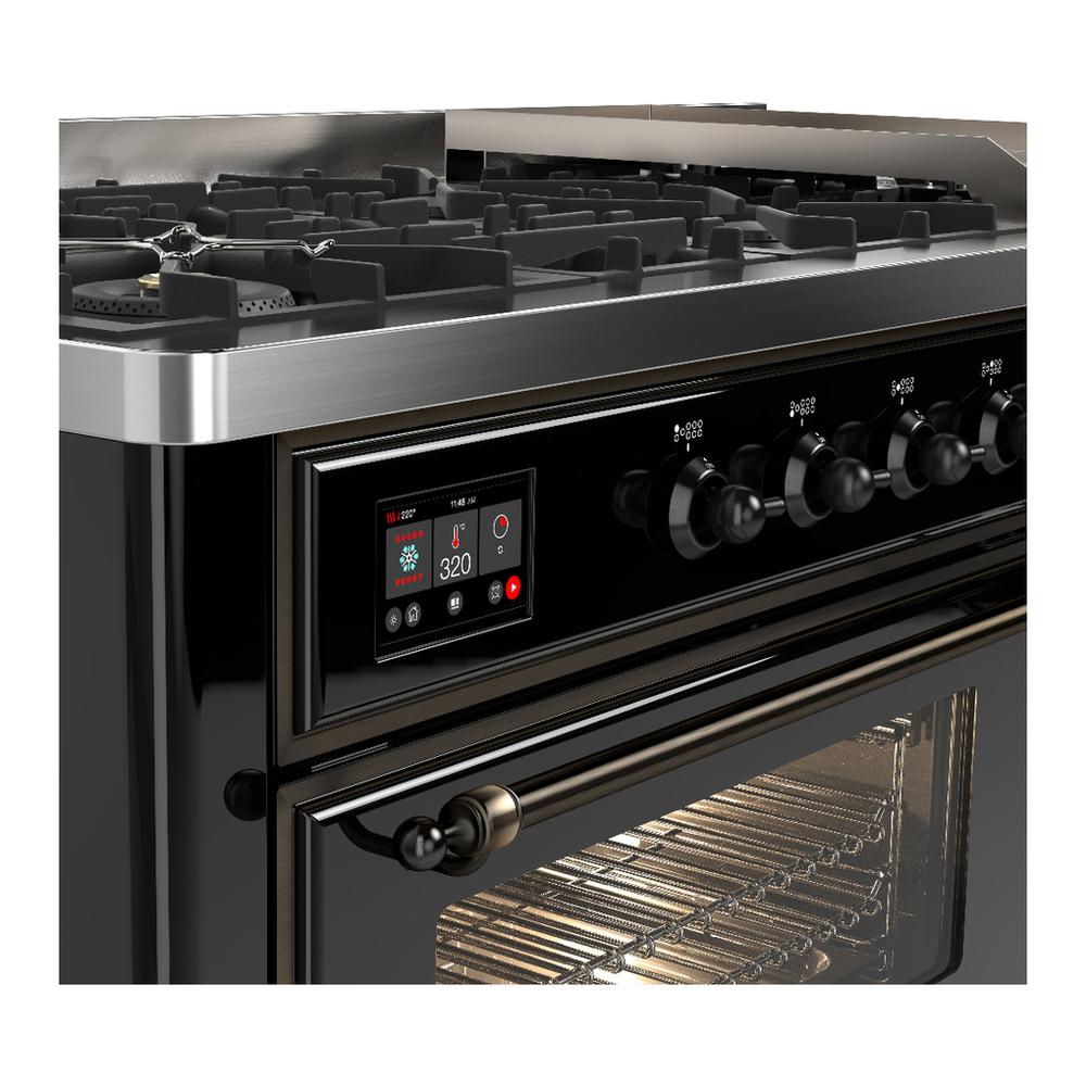 ILVE UM60FNR3BKBLP Majestic III 60 inch Dual Fuel Range with 9 Burners and Griddle, Dual Function Burner up to 25,000 BTU (Liquid Propane, Triple Glass Door, Glossy Black, Burnished)
