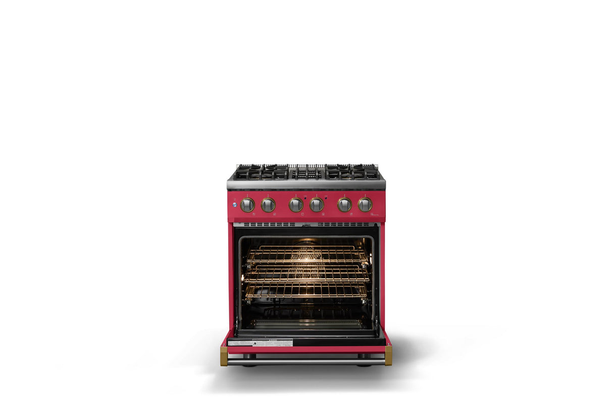 30"W. Dual Fuel Range (Finish: Valentine, Trim: Brushed Brass, Fuel: Propane)
