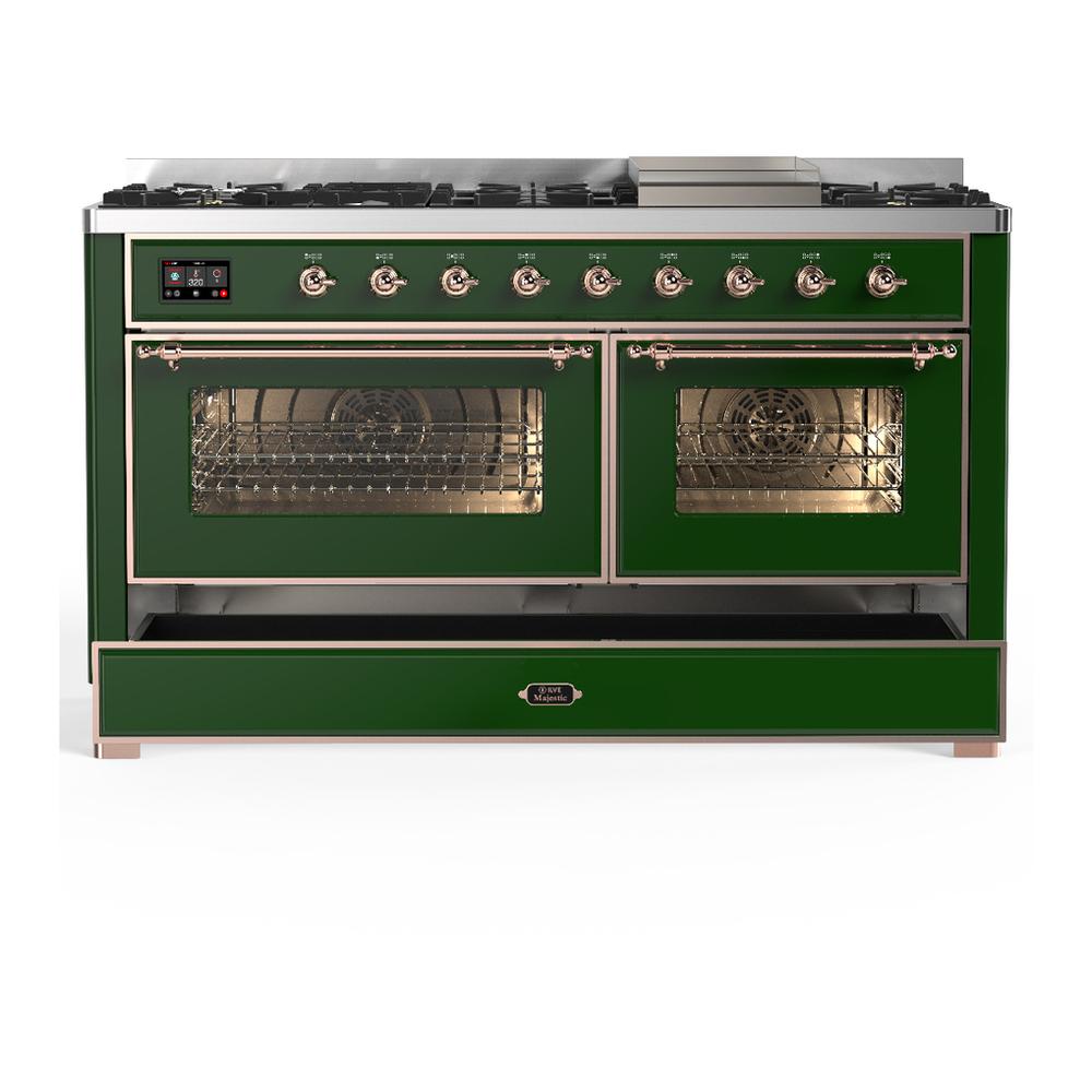 ILVE UM60FNR3EGPLP Majestic III 60 inch Dual Fuel Range with 9 Burners and Griddle, Dual Function Burner up to 25,000 BTU (Liquid Propane, Triple Glass Door, Emerald Green, Copper)