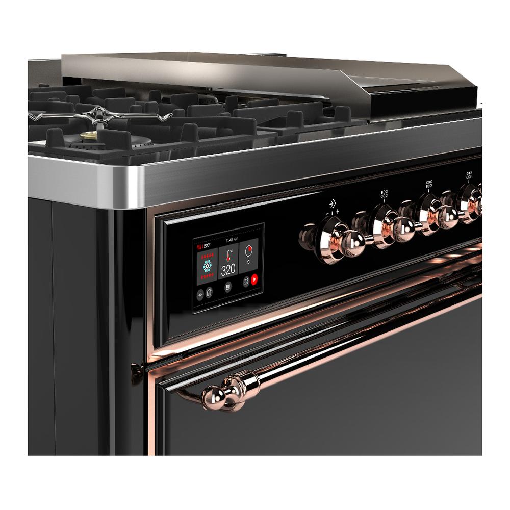 ILVE UM48FSQNR3BKPLP Majestic III 48 inch Dual Fuel Range with 5 Black Brass Burners, Griddle and French Top, Dual Function Burner up to 25,000 BTU (Liquid Propane, Solid Door, Glossy Black, Copper)