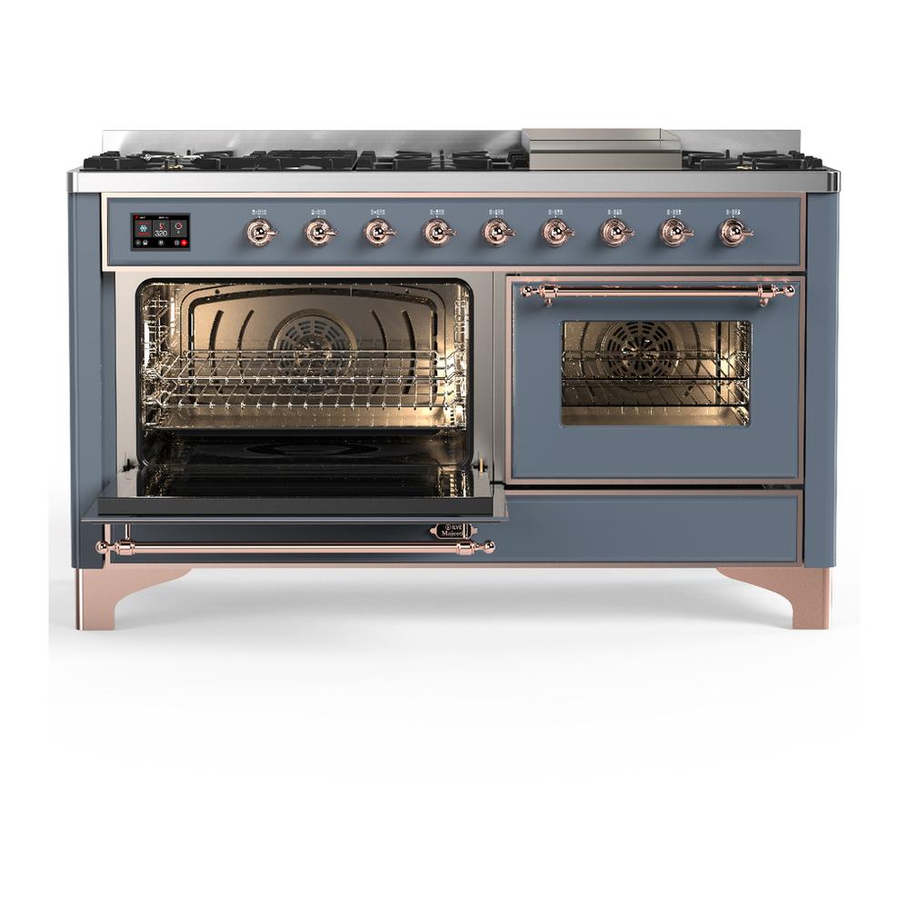 ILVE UM60FNR3BGP Majestic III 60 inch Dual Fuel Range with 9 Burners and Griddle, Dual Function Burner up to 25,000 BTU (Natural Gas, Triple Glass Door, Blue Grey, Copper)