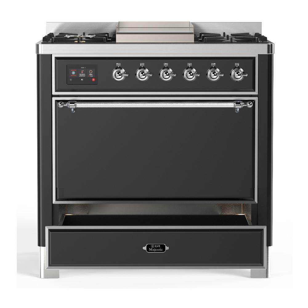 ILVE UM36FQNR3MGC Majestic III 36 inch Dual Fuel Range with 6 Black Brass Burners and Griddle, Dual Function Burner up to 25,000 BTU (Solid Door, Graphite Matte, Chrome, Natural Gas)