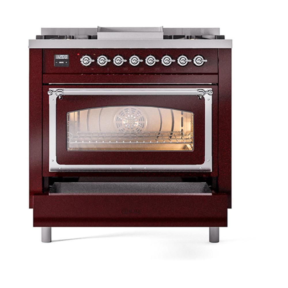 ILVE UN36FNMPBUC Nostalgie II Noblesse 36 inch Dual Fuel Range (Natural Gas, Triple Glass Door, Burgundy, Chrome)