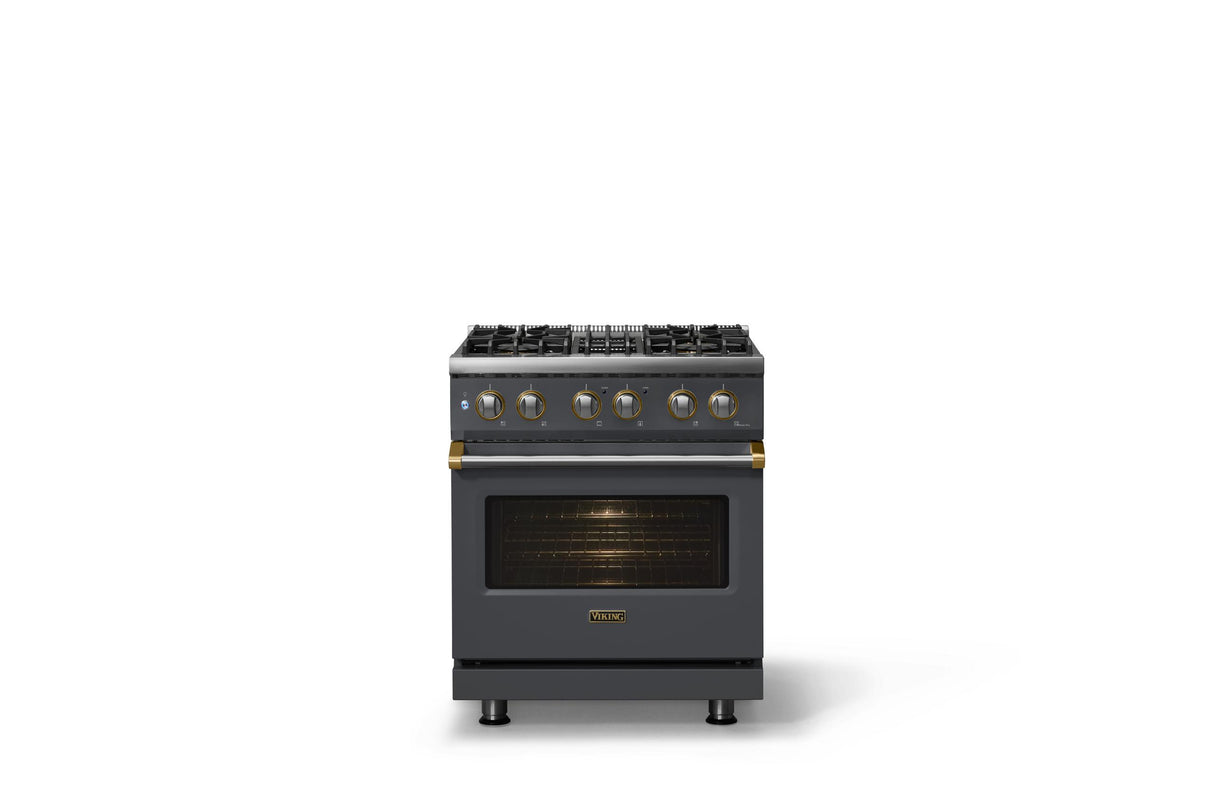 30"W. Dual Fuel Range (Finish: Cast Black, Trim: Brushed Brass, Fuel: Propane)