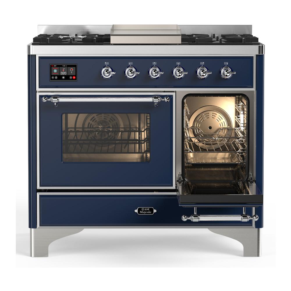 ILVE UMD40FNR3MBCLP Majestic III 40 inch Dual Fuel Range with 6 Burners and Griddle, Dual Function Burner up to 25,000 BTU (Liquid Propane, Triple Glass Door, Midnight Blue, Chrome)