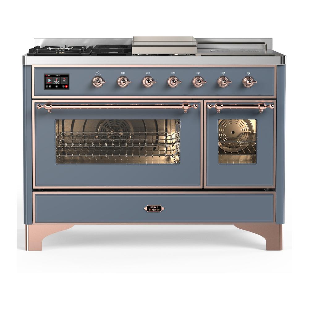 ILVE UM48FSNR3BGP Majestic III 48 inch Dual Fuel Range with 5 Black Brass Burners, Griddle and French Top, Dual Function Burner up to 25,000 BTU (Natural Gas, Triple Glass Door, Blue Grey, Copper)