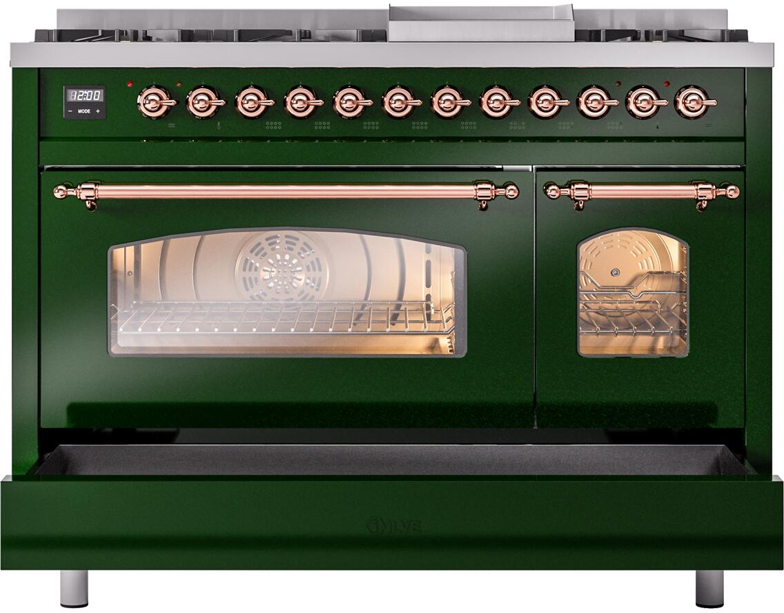 Nostalgie II 48 Inch Dual Fuel Liquid Propane Freestanding Range in Emerald Green with Copper Trim