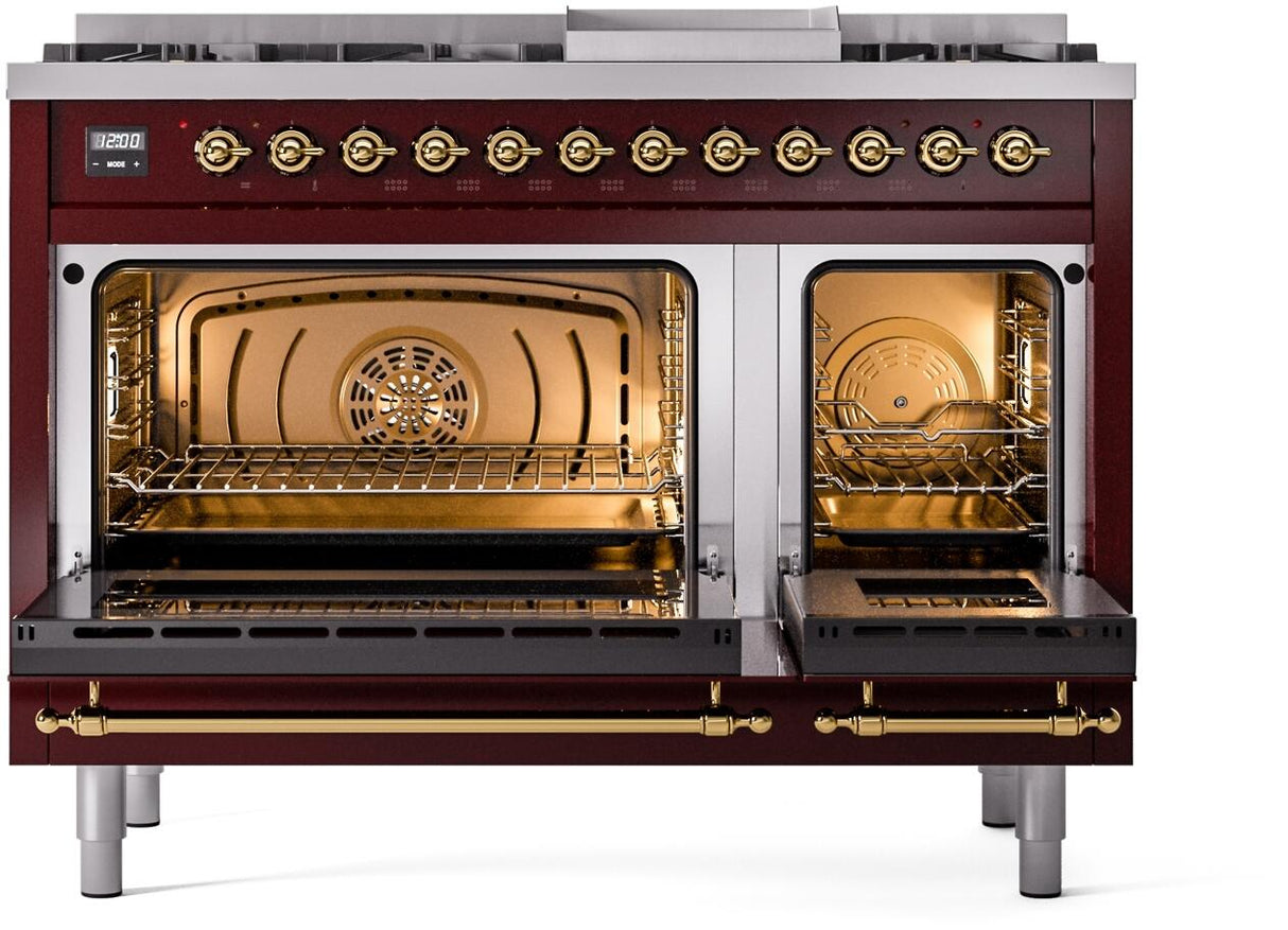 Nostalgie II 48 Inch Dual Fuel Liquid Propane Freestanding Range in Burgundy with Brass Trim
