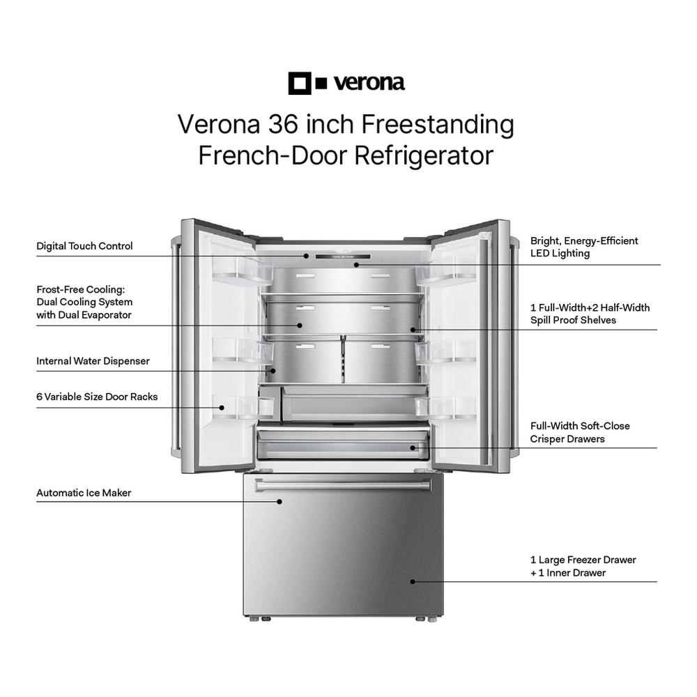Verona VEBFD3620WIFS 36 inch French Door Counter-Depth Refrigerator with 20.2 cu. ft. Total Capacity, Internal Water Dispenser, Automatic Ice Maker in Stainless Steel