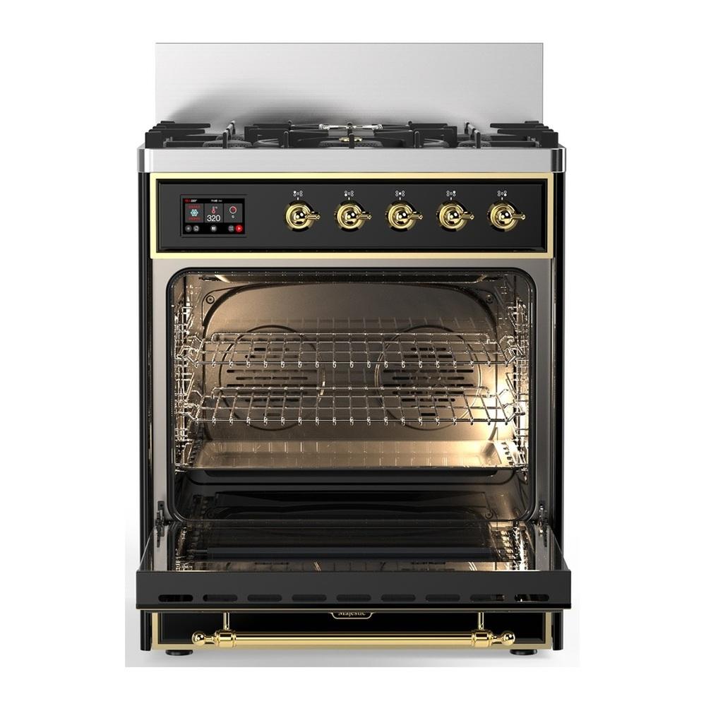 ILVE UM30QNR3BKG Majestic III 30 inch Dual Fuel Range with 5 Black Brass Burners, Dual Function Burner up to 25,000 BTU (Natural Gas, Solid Door, Glossy Black, Brass)