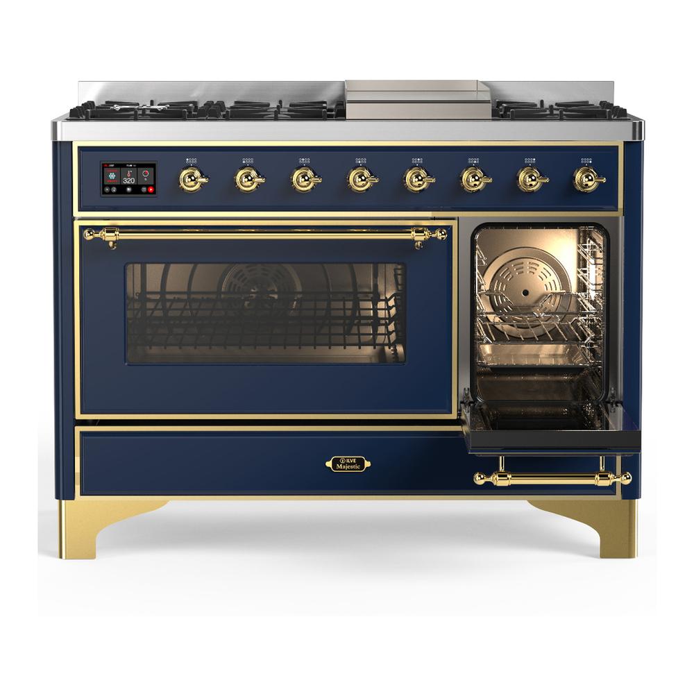 ILVE UM48FNR3MBG Majestic III 48 inch Dual Fuel Range with 8 Burners and Griddle, Dual Function Burner up to 25,000 BTU (Natural Gas, Triple Glass Door, Midnight Blue, Brass)
