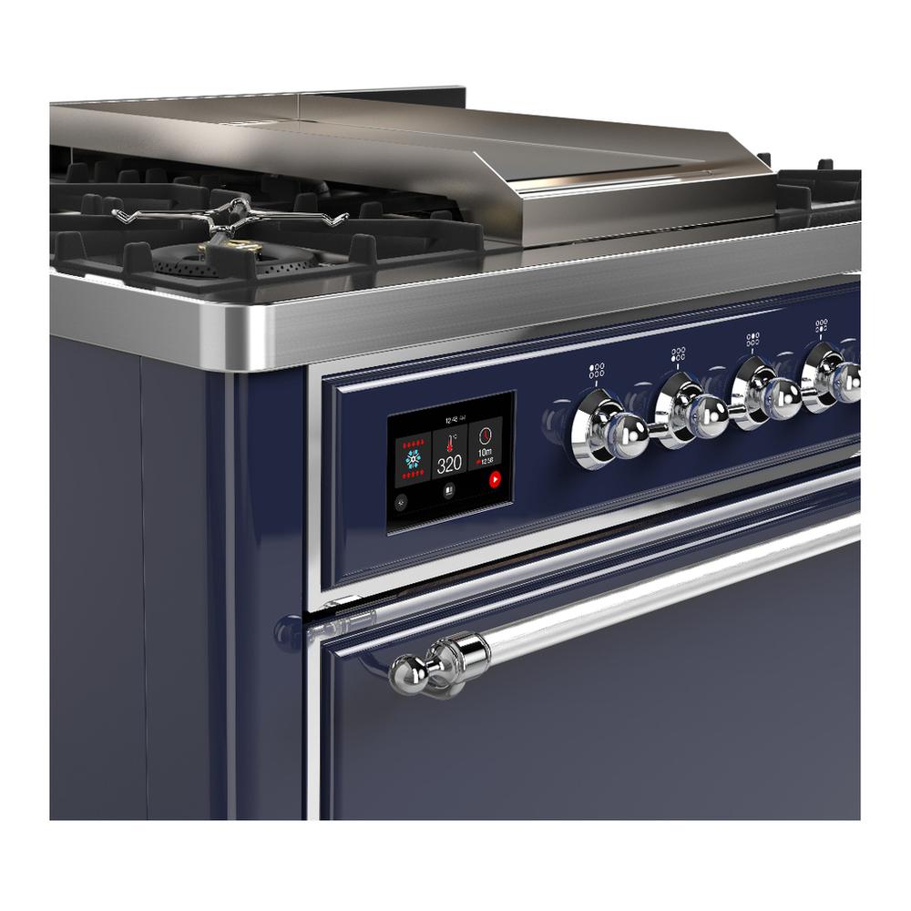 ILVE UM36FQNR3MBCLP Majestic III 36 inch Dual Fuel Range with 6 Black Brass Burners and Griddle, Dual Function Burner up to 25,000 BTU (Solid Door, Midnight Blue, Chrome, Liquid Propane)