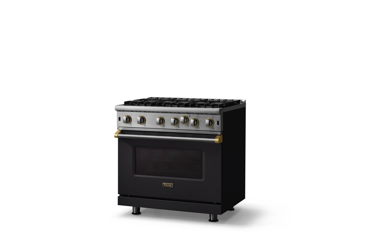 36"W. Open Burner Gas Range (Finish: Onyx, Trim: Brushed Brass, Fuel: Natural Gas)