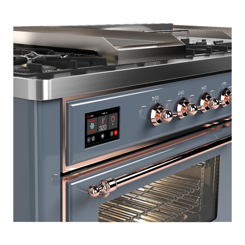 ILVE UM60FSNR3BGPLP Majestic III 60 inch Dual Fuel Range with 7 Burners, Griddle and French Top, Dual Function Burner with up to 25,000 BTU (Liquid Propane, Triple Glass Door, Blue Grey, Copper)