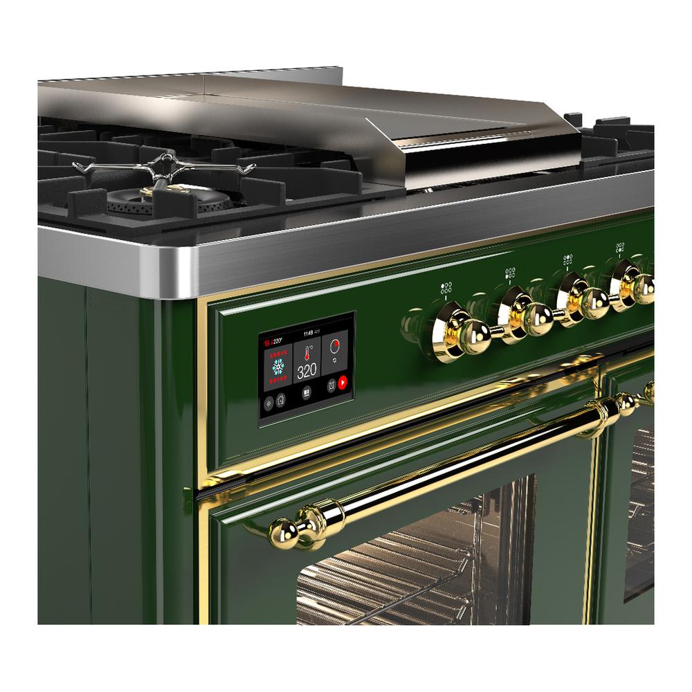 ILVE UMD40FNR3EGGLP Majestic III 40 inch Dual Fuel Range with 6 Burners and Griddle, Dual Function Burner up to 25,000 BTU (Liquid Propane, Triple Glass Door, Emerald Green, Brass)