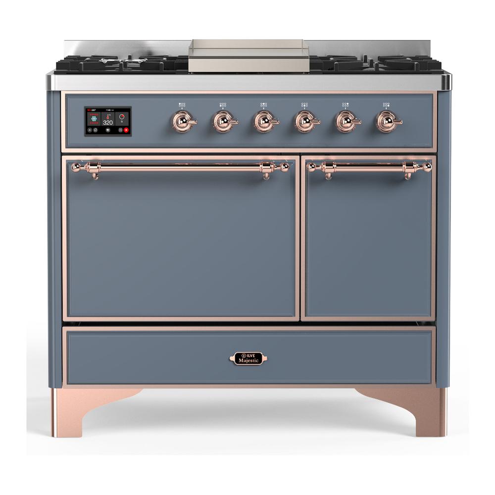 ILVE UMD40FQNR3BGP Majestic III 40 inch Dual Fuel Range with 6 Burners and Griddle, Dual Function Burner up to 25,000 BTU (Natural Gas, Solid Door, Blue Grey, Copper)