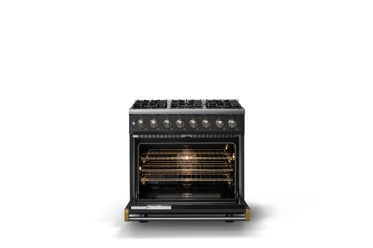 36"W. Dual Fuel Range (Burner: 6b, Finish: Antique Bronze, Trim: Brushed Brass, Fuel: Natural Gas)