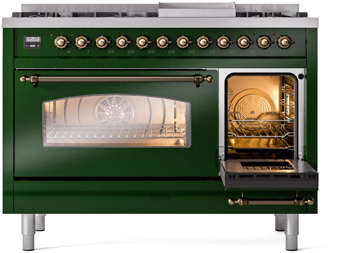 Nostalgie II 48 Inch Dual Fuel Natural Gas Freestanding Range in Emerald Green with Bronze Trim