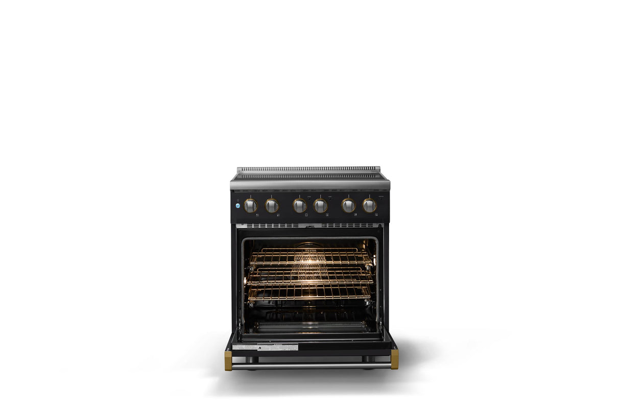 30"W. Electric Range (Finish: Onyx, Trim: Brushed Brass)