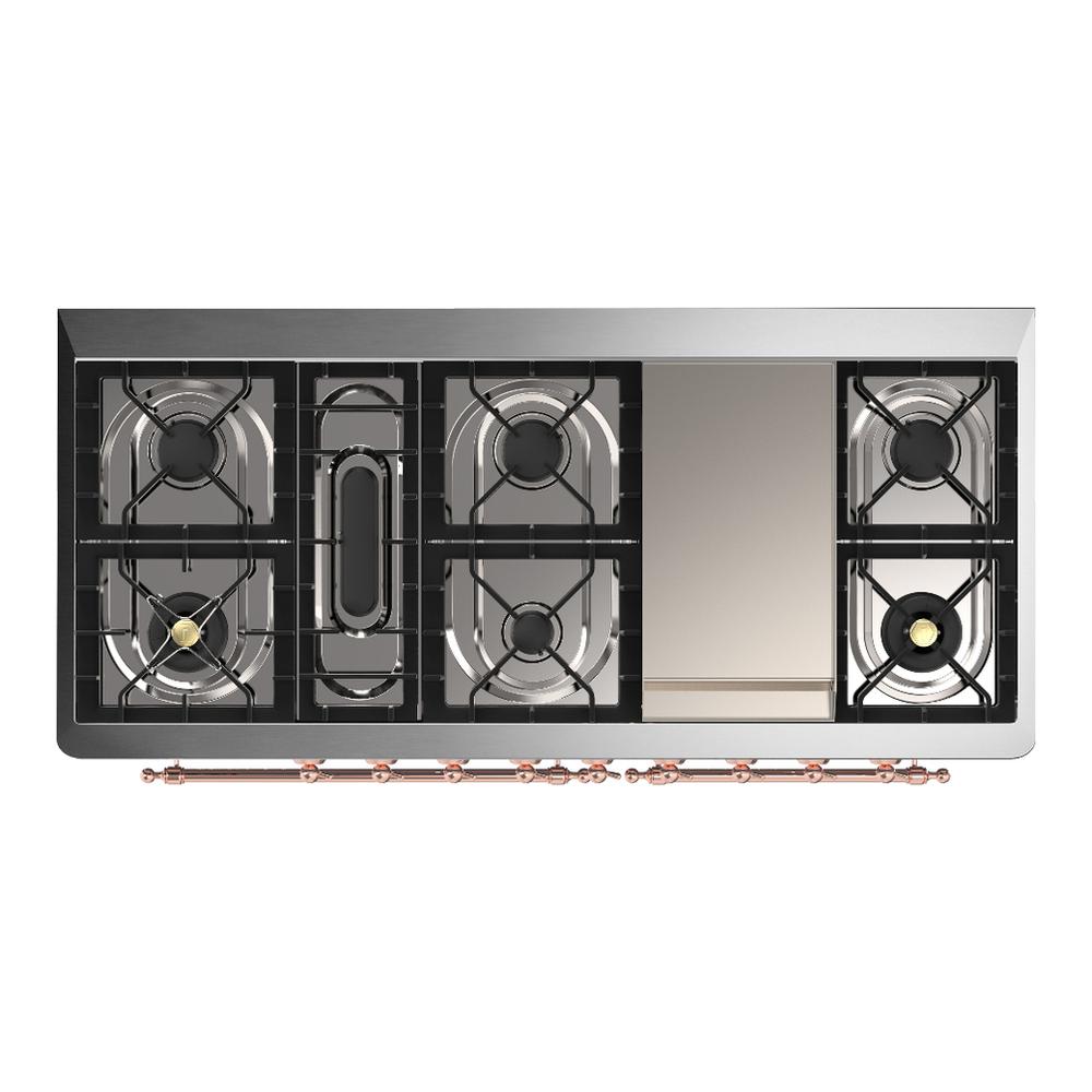 ILVE UM60FNR3AWPLP Majestic III 60 inch Dual Fuel Range with 9 Burners and Griddle, Dual Function Burner up to 25,000 BTU (Liquid Propane, Triple Glass Door, Antique White, Copper)