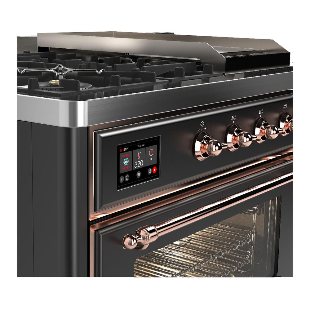 ILVE UM48FSNR3MGPLP Majestic III 48 inch Dual Fuel Range with 5 Black Brass Burners, Griddle and French Top, Dual Function Burner up to 25,000 BTU (Liquid Propane, Triple Glass Door, Graphite Matte, Copper)
