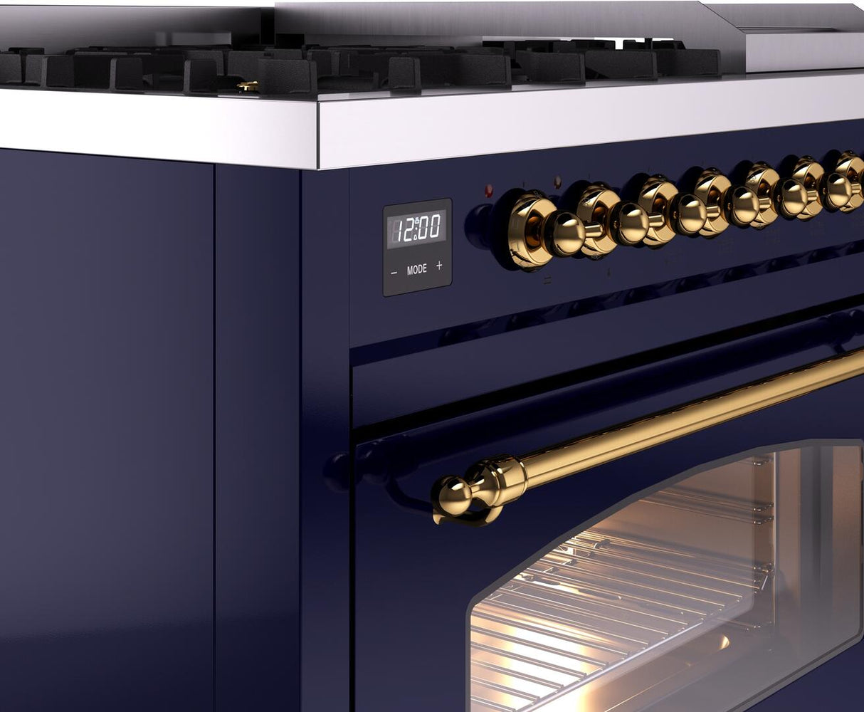 Nostalgie II 48 Inch Dual Fuel Natural Gas Freestanding Range in Blue with Brass Trim