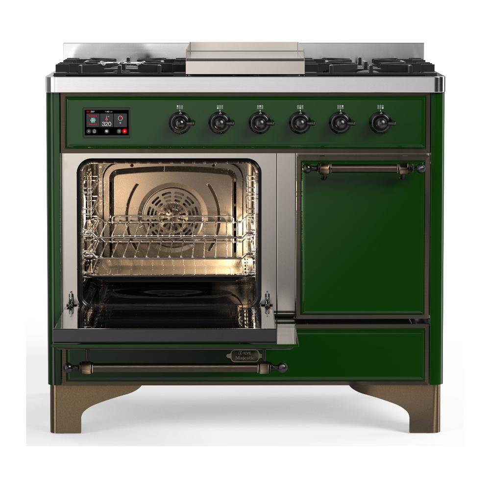 ILVE UMD40FQNR3EGBLP Majestic III 40 inch Dual Fuel Range with 6 Burners and Griddle, Dual Function Burner up to 25,000 BTU (Liquid Propane, Solid Door, Emerald Green, Burnished)