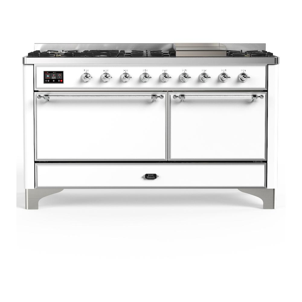 ILVE UM60FQNR3WHCLP Majestic III 60 inch Dual Fuel Range with 9 Burners and Griddle, Dual Function Burner up to 25,000 BTU (Liquid Propane, Solid Door, White, Chrome)