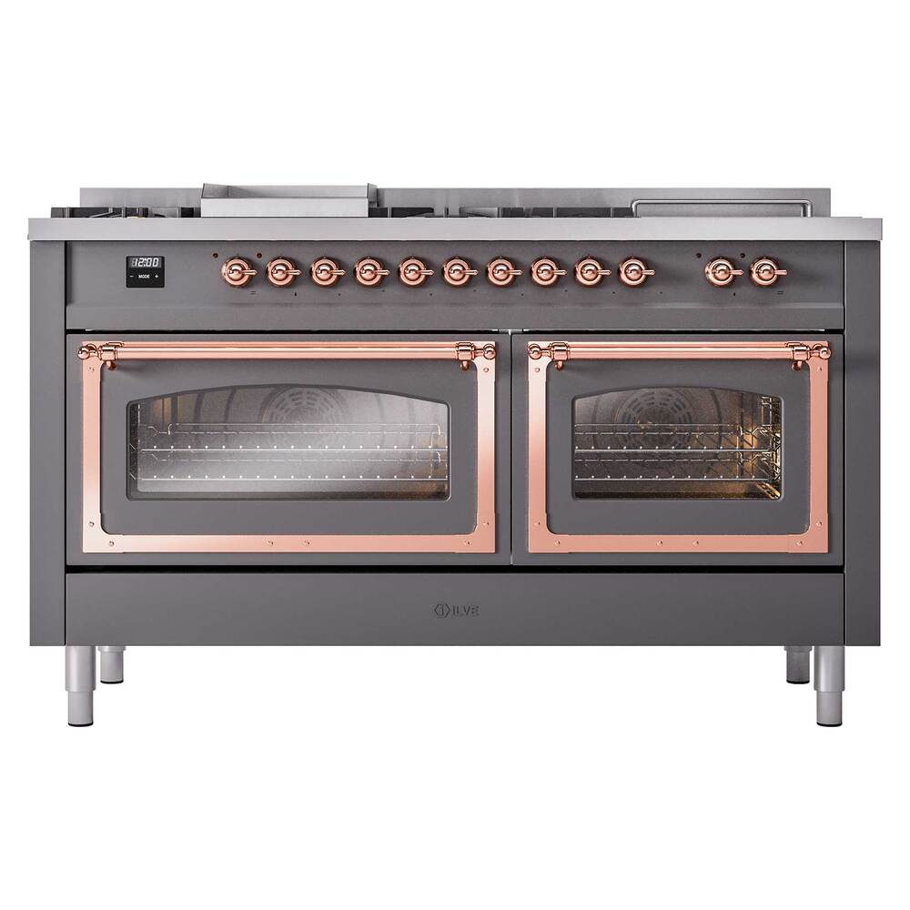 ILVE UN60FSNMPMGPLP Nostalgie II Noblesse 60 inch Dual Fuel Range (7 Sealed Burners + Griddle + French Top, Liquid Propane, Triple Glass Door, Graphite Matte, Copper)