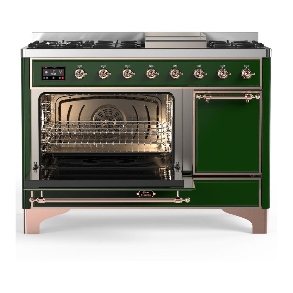 ILVE UM48FQNR3EGP Majestic III 48 inch Dual Fuel Range with 8 Burners and Griddle, Dual Function Burner up to 25,000 BTU (Natural Gas, Solid Door, Emerald Green, Copper)
