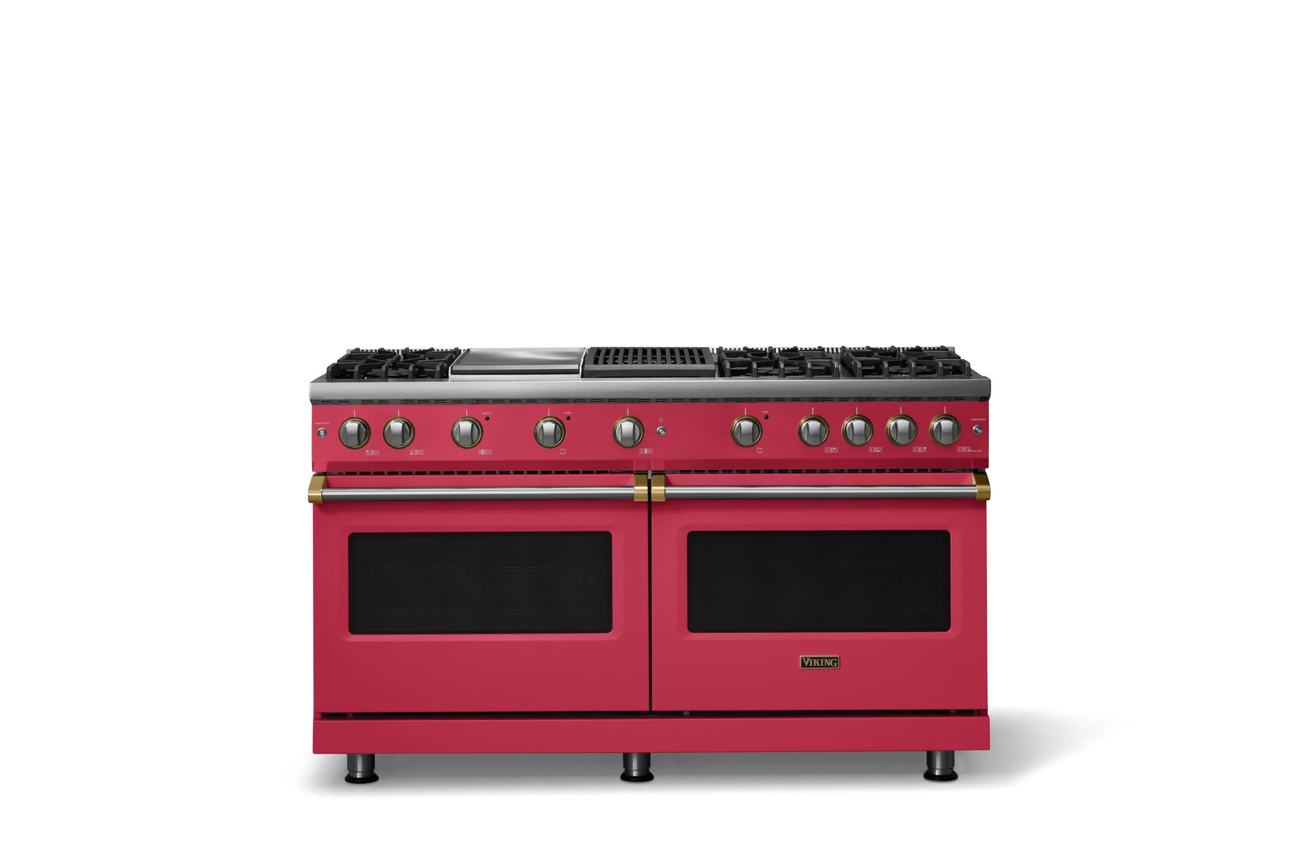 60"W. Sealed Burner Gas Range (Finish: Valentine, Trim: Brushed Brass, Fuel: Natural Gas)