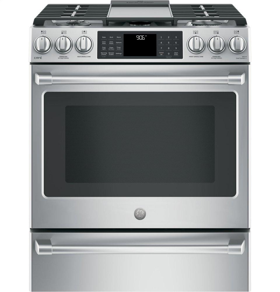 GE Cafe™ Series 30" Slide-In Front Control Range with Warming Drawer